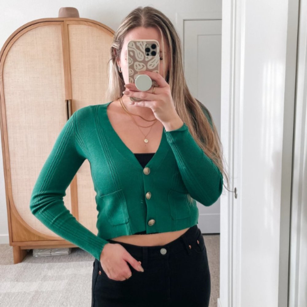 L'Agence Jamie Cropped Rib Knit Kelly Green Cardigan Top